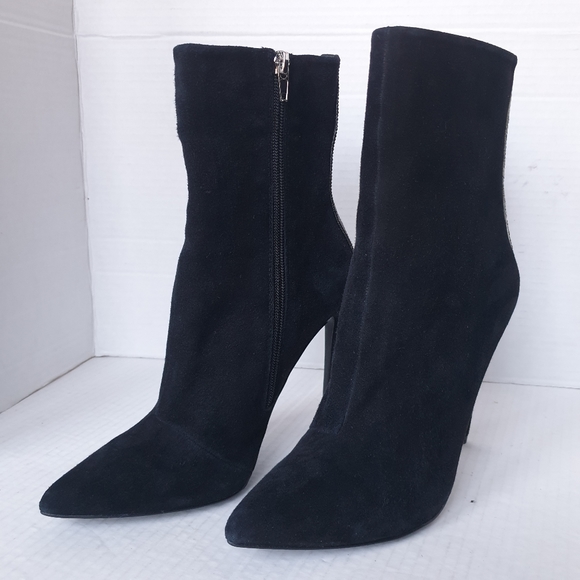 Steve Madden Wagu Black Suede Mid Calf Stiletto Booties w/ Rhinestone Back 7.5 - Picture 4 of 17